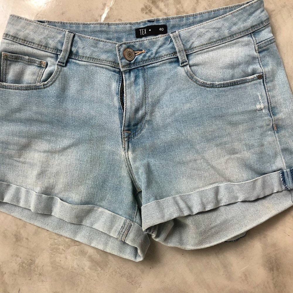 light wash blue, jean shorts
